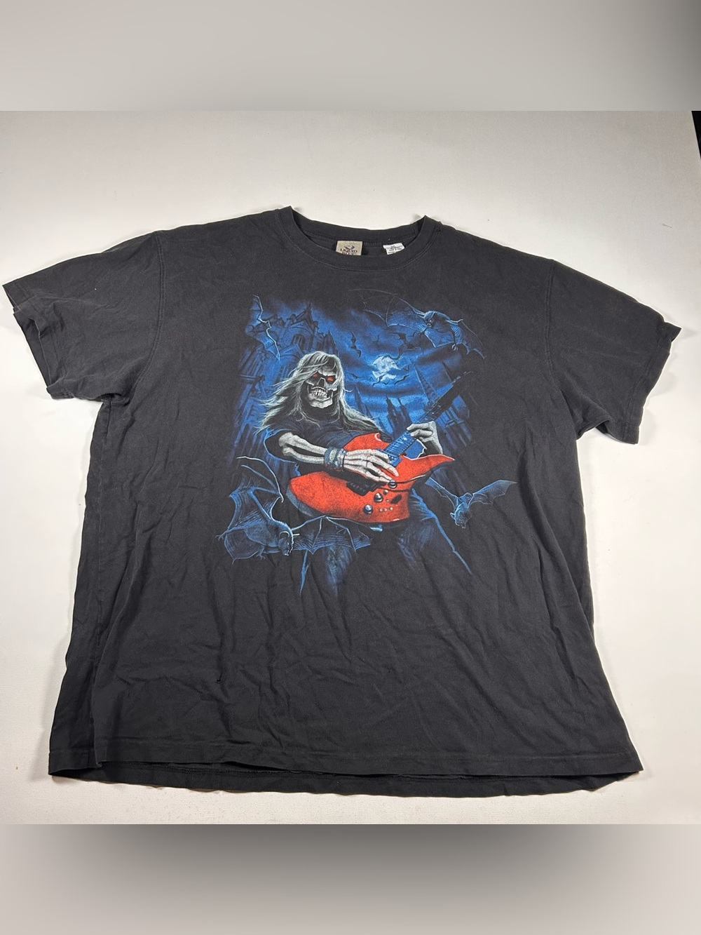 Vintage 90s Liquid Blue Skeleton Guitar Metal Guitar Shirt 3XL Distress & Faded